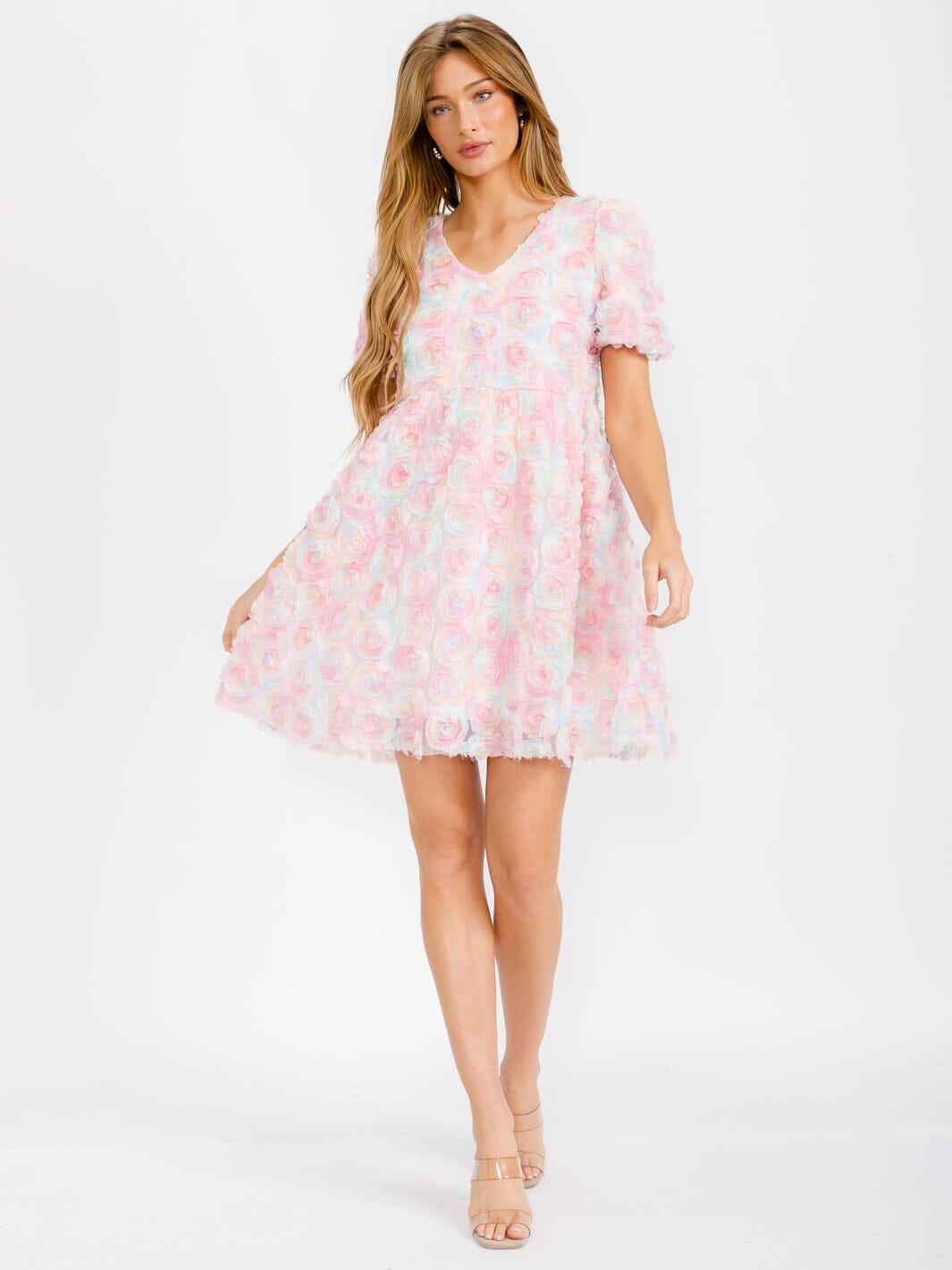 WOMEN'S SHORT SLEEVE V-NECK FLORAL FIR & FLARE MINI DRESS