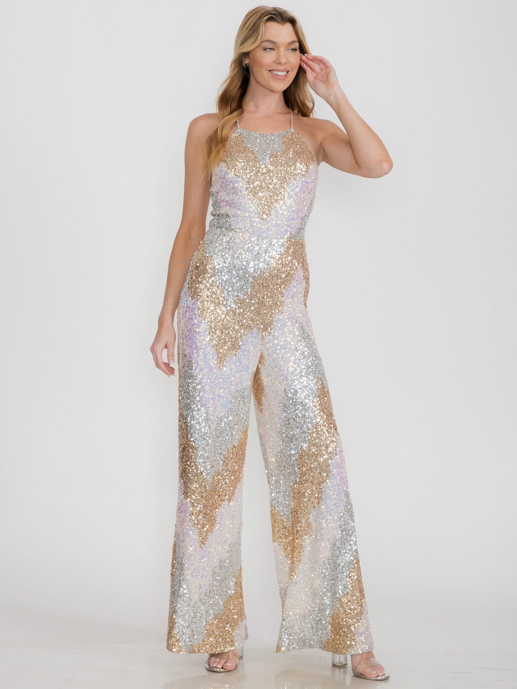 WOMEN'S SLEEVELESS OPEN BACK SEQUINS WIDE LEG JUMPSUIT