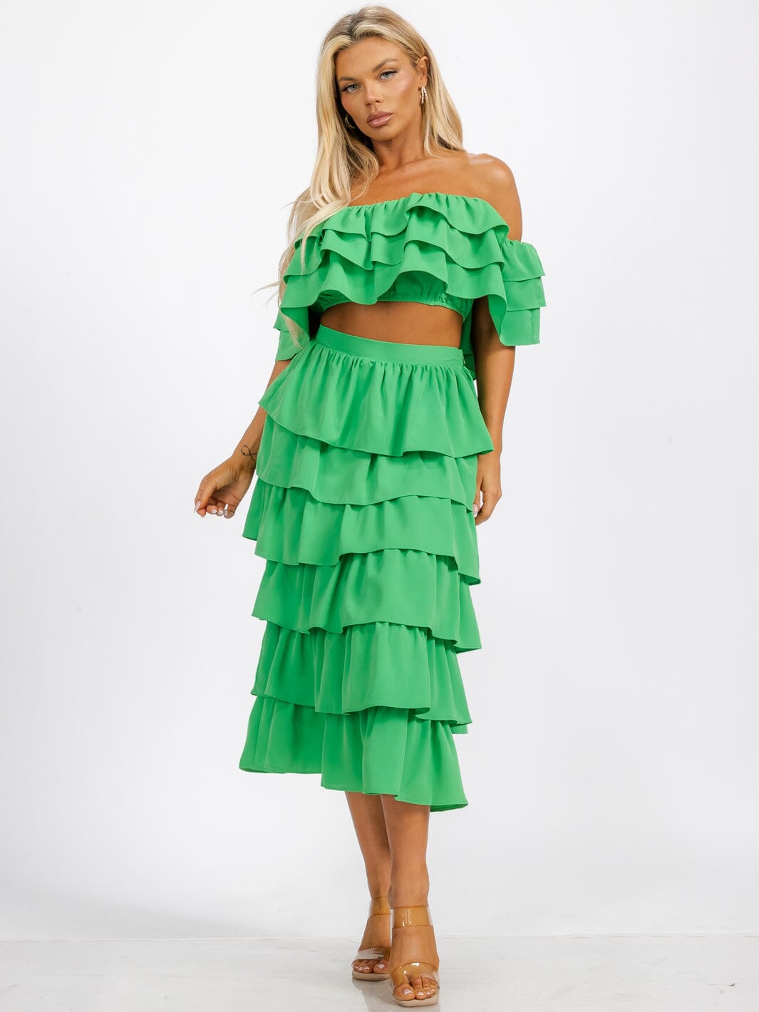 WOMEN'S OFF SHOULDER CROP TOP & ELASTIC WASIT RUFFLE TIERED MAXI SKIRT 2PC. SET