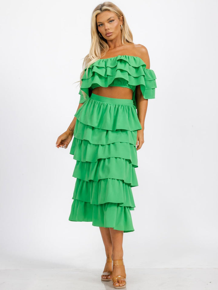 WOMEN'S OFF SHOULDER CROP TOP & ELASTIC WASIT RUFFLE TIERED MAXI SKIRT 2PC. SET