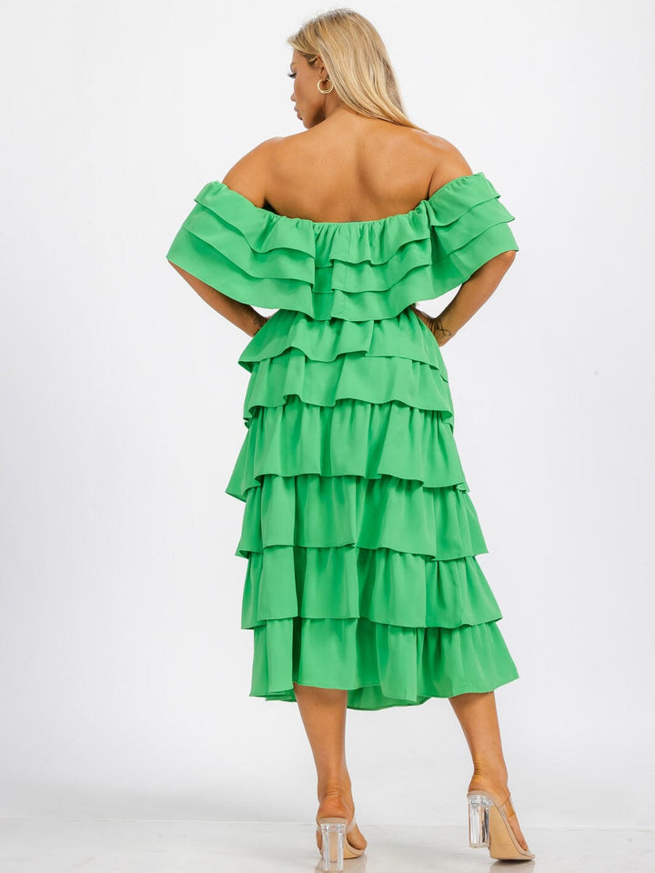 WOMEN'S OFF SHOULDER CROP TOP & ELASTIC WASIT RUFFLE TIERED MAXI SKIRT 2PC. SET