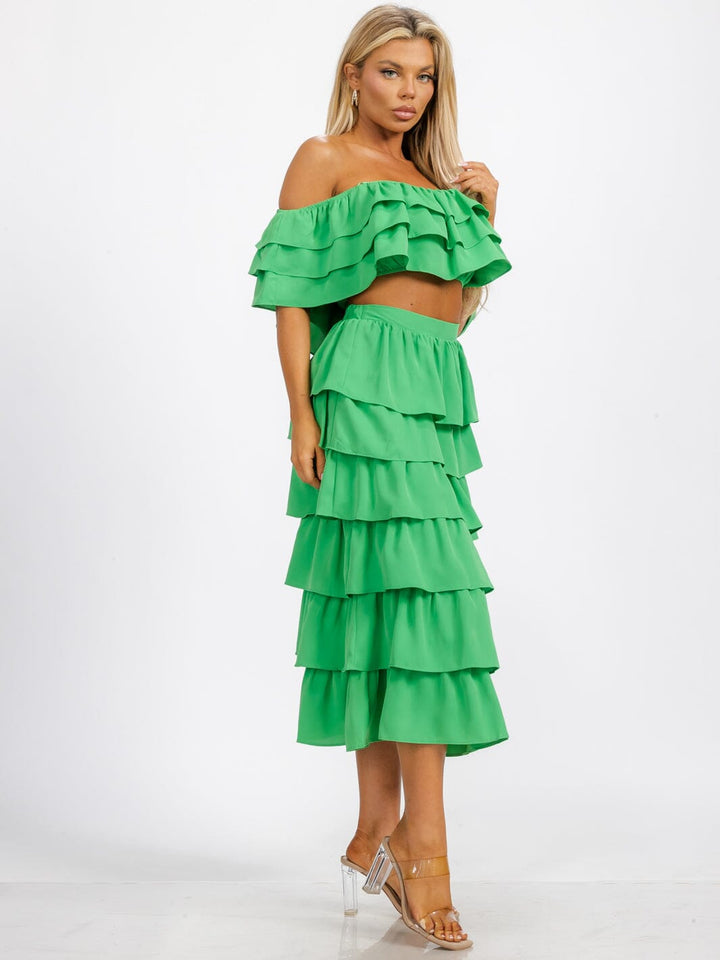 WOMEN'S OFF SHOULDER CROP TOP & ELASTIC WASIT RUFFLE TIERED MAXI SKIRT 2PC. SET
