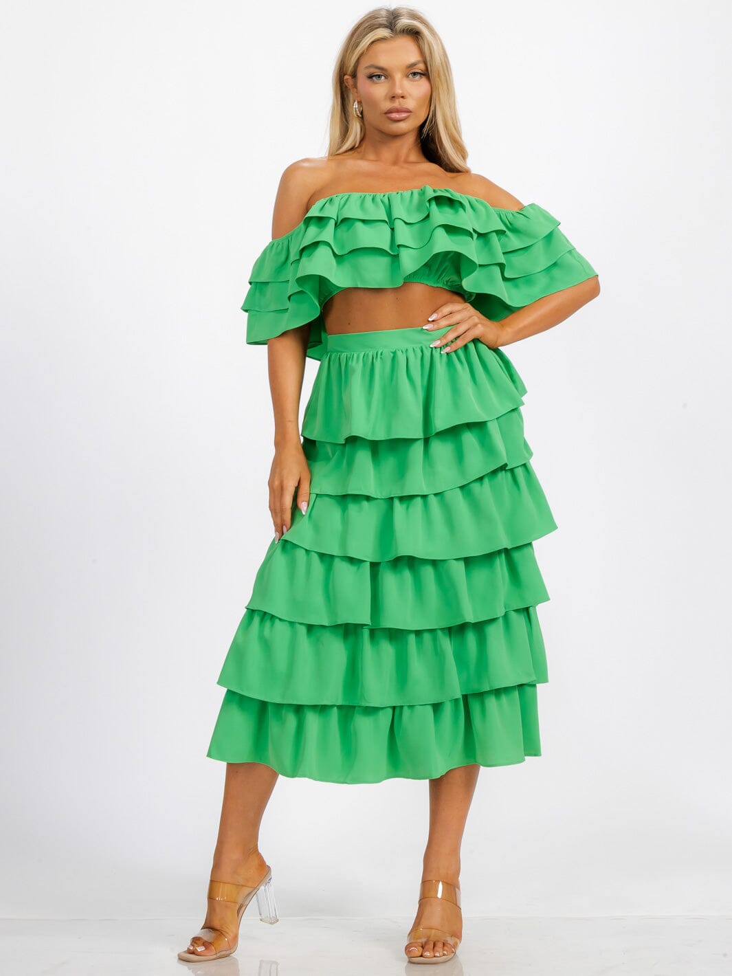 WOMEN'S OFF SHOULDER CROP TOP & ELASTIC WASIT RUFFLE TIERED MAXI SKIRT 2PC. SET
