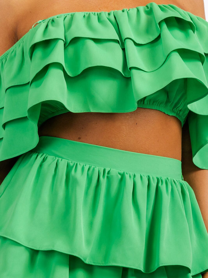 WOMEN'S OFF SHOULDER CROP TOP & ELASTIC WASIT RUFFLE TIERED MAXI SKIRT 2PC. SET