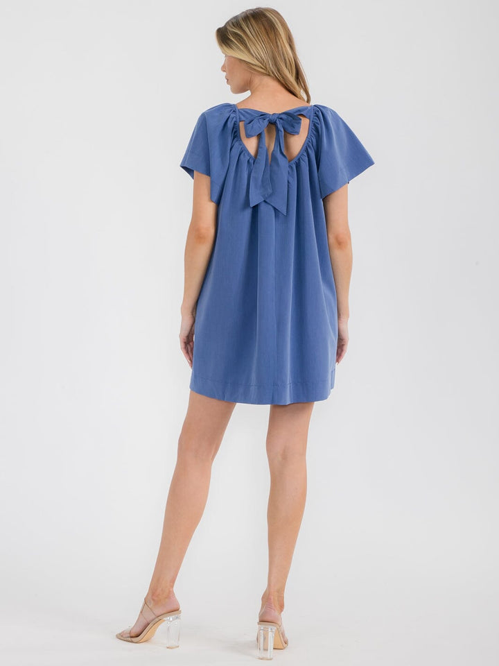 WOMEN'S SHORT SLEEVE BACK TIE FRONT POCKETS TUNIC MINI DRESS