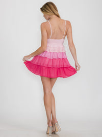 WOMEN'S SLEEVELESS V-NECK TIERED RUFFLE COLORBLOCK MINI DRESS