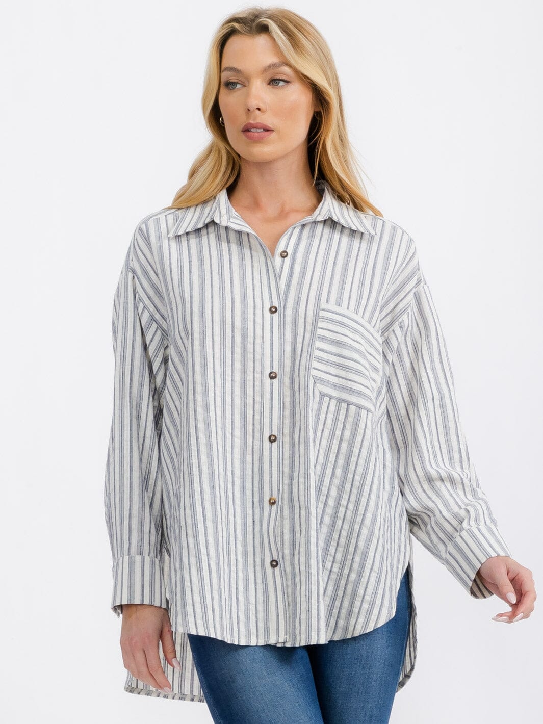 WOMEN'S LONG SLEEVE BUTTON UP FRONT POCKET STRIPES SHIRT TOP