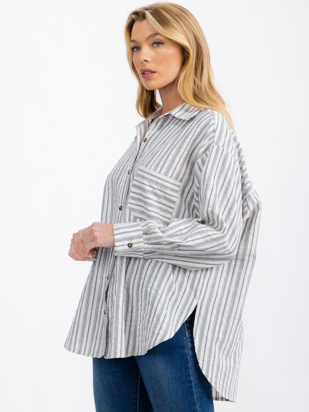 WOMEN'S LONG SLEEVE BUTTON UP FRONT POCKET STRIPES SHIRT TOP