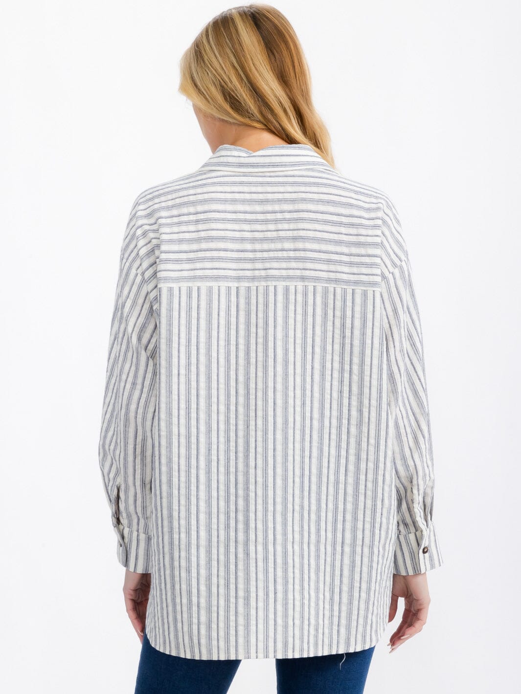 WOMEN'S LONG SLEEVE BUTTON UP FRONT POCKET STRIPES SHIRT TOP