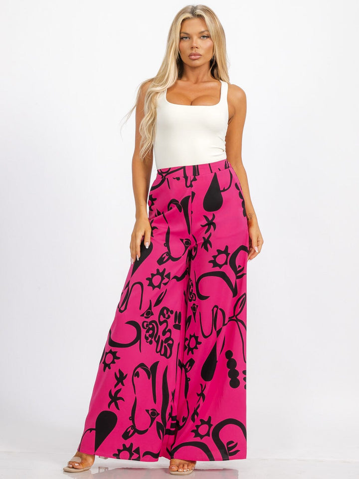 WOMEN'S ELASTIC WAIST FRONT POCKET MULTI PRINT WIDE LEG PALAZZO PANTS
