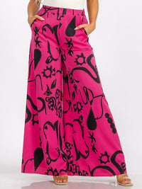 WOMEN'S ELASTIC WAIST FRONT POCKET MULTI PRINT WIDE LEG PALAZZO PANTS