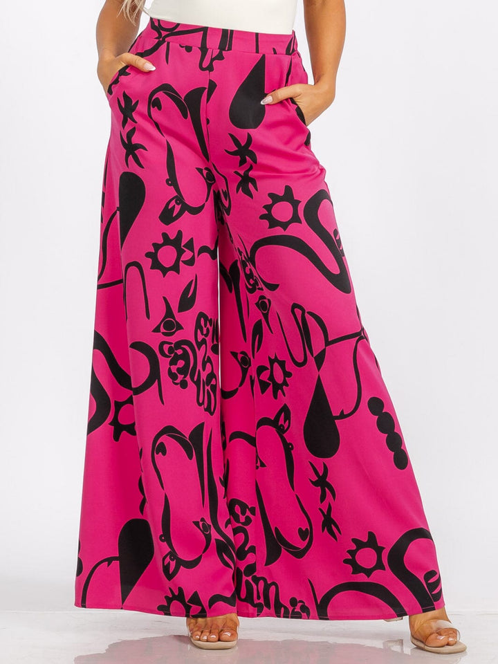 WOMEN'S ELASTIC WAIST FRONT POCKET MULTI PRINT WIDE LEG PALAZZO PANTS