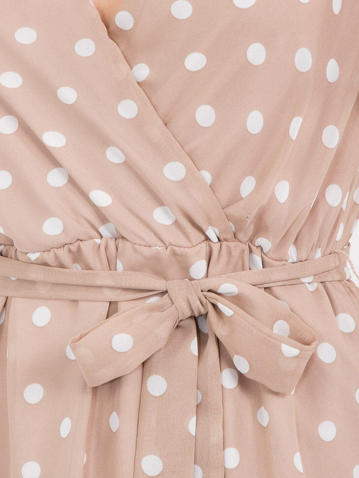 WOMEN'S SHORT SLEEVE SURPLICE SELF TIE POLKA DOTS MINI DRESS