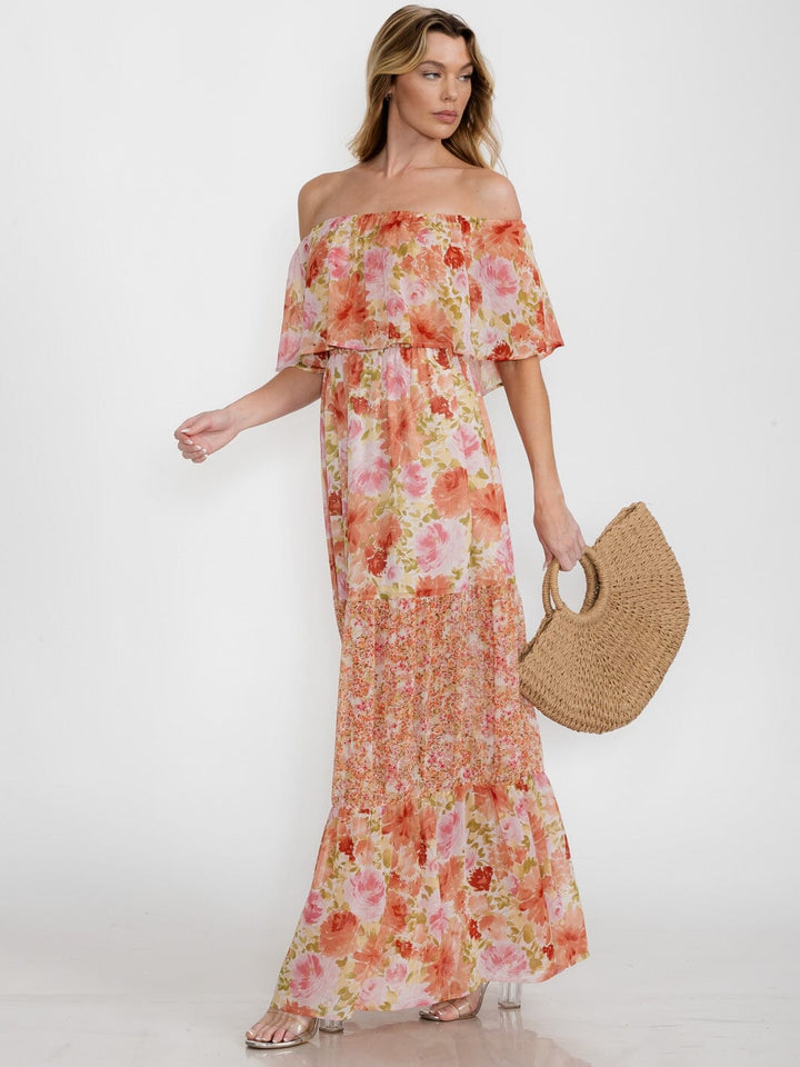 WOMEN'S OFF SHOULDER ELASTIC WAIST RUFFLE TIERED FLORAL MAXI DRESS