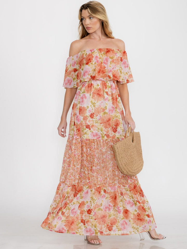 WOMEN'S OFF SHOULDER ELASTIC WAIST RUFFLE TIERED FLORAL MAXI DRESS