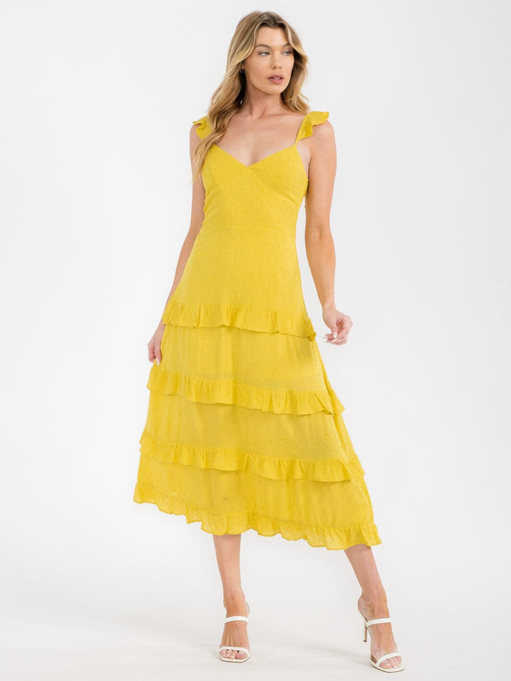 WOMEN'S SLEEVELESS V-NECK TIERED RUFFLE SWISS DOTS MAXI DRESS