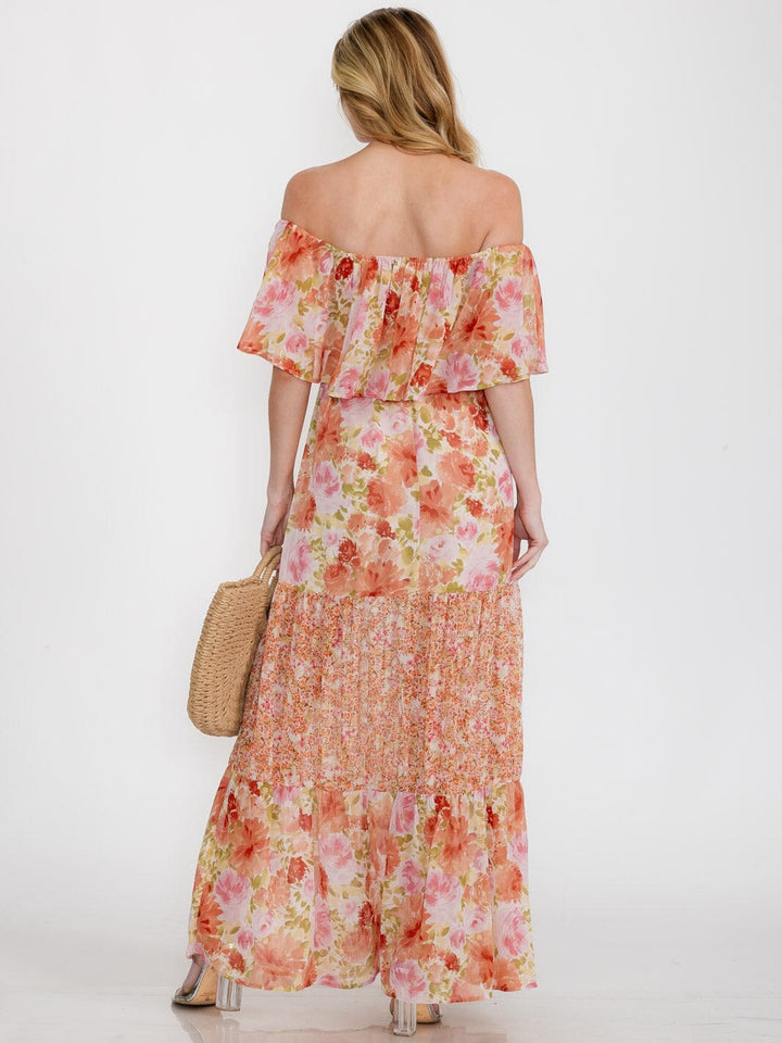 WOMEN'S OFF SHOULDER ELASTIC WAIST RUFFLE TIERED FLORAL MAXI DRESS