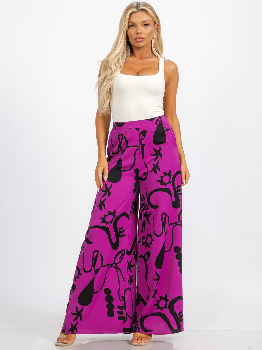 WOMEN'S ELASTIC WAIST FRONT POCKET MULTI PRINT WIDE LEG PALAZZO PANTS