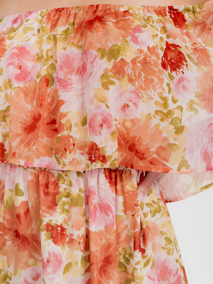 WOMEN'S OFF SHOULDER ELASTIC WAIST RUFFLE TIERED FLORAL MAXI DRESS