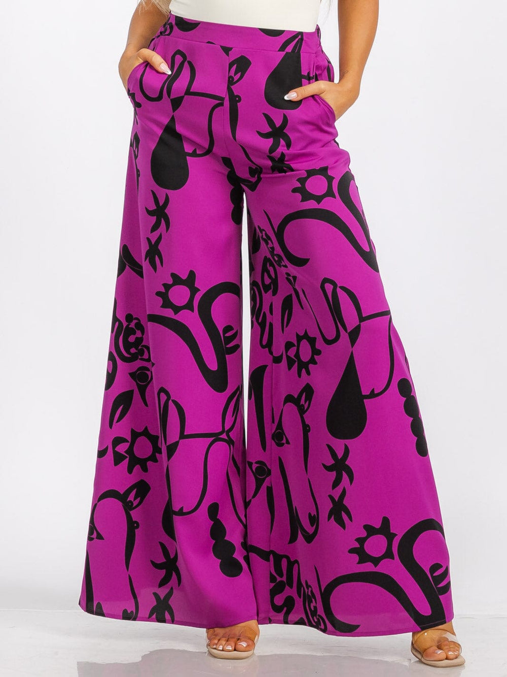 WOMEN'S ELASTIC WAIST FRONT POCKET MULTI PRINT WIDE LEG PALAZZO PANTS