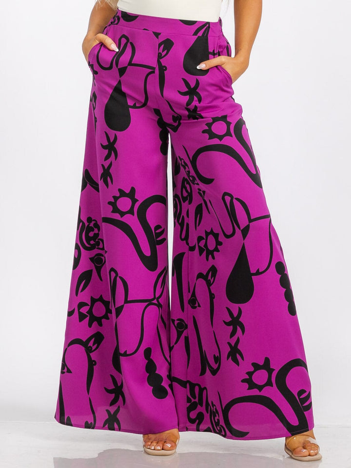 WOMEN'S ELASTIC WAIST FRONT POCKET MULTI PRINT WIDE LEG PALAZZO PANTS