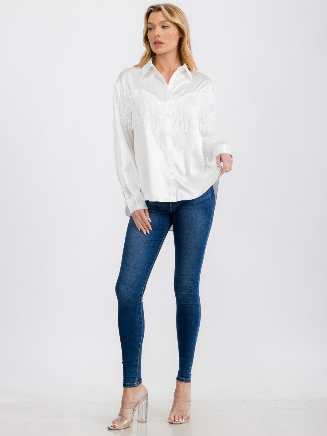 WOMEN'S LONG SLEEVE BUTTON UP FRINGE DETAILED HIGH-LOW BLOUSE