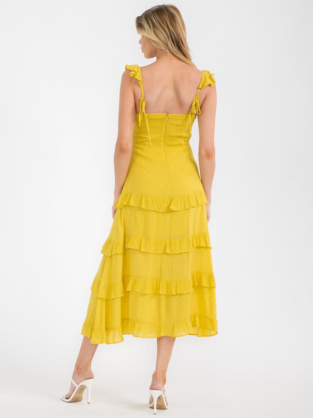 WOMEN'S SLEEVELESS V-NECK TIERED RUFFLE SWISS DOTS MAXI DRESS