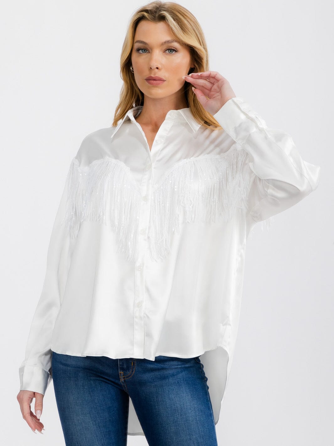 WOMEN'S LONG SLEEVE BUTTON UP FRINGE DETAILED HIGH-LOW BLOUSE