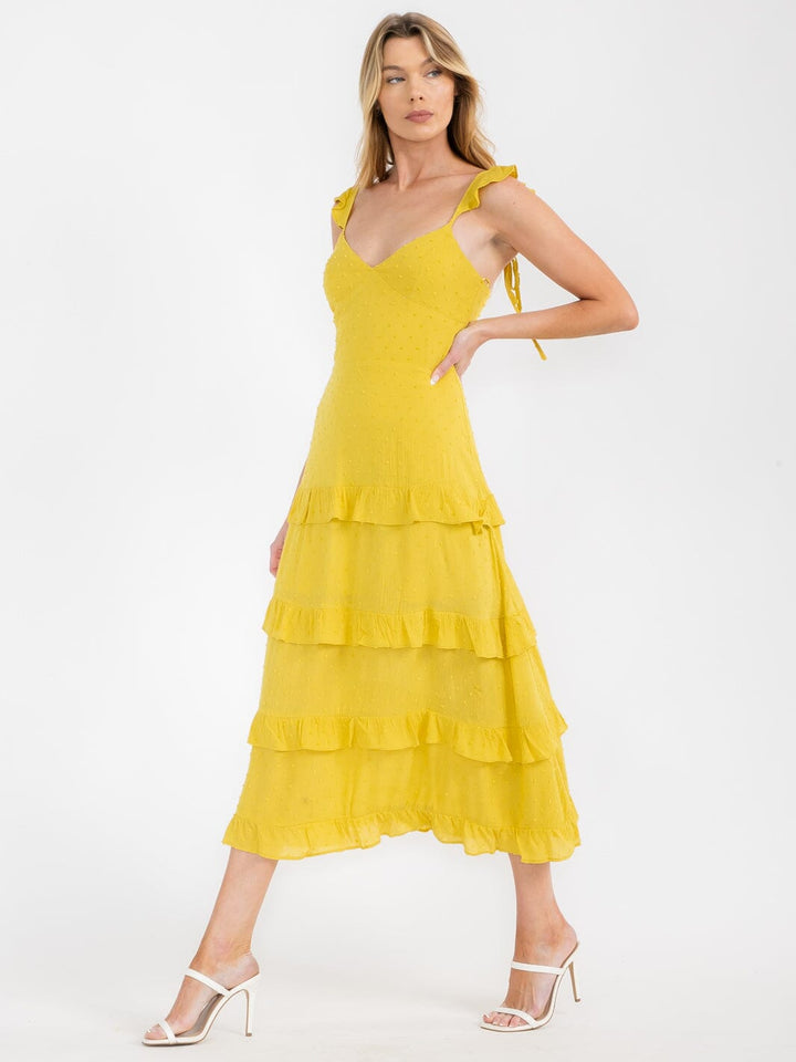 WOMEN'S SLEEVELESS V-NECK TIERED RUFFLE SWISS DOTS MAXI DRESS