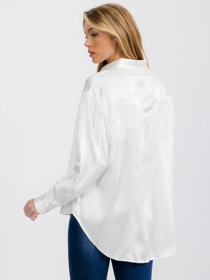 WOMEN'S LONG SLEEVE BUTTON UP FRINGE DETAILED HIGH-LOW BLOUSE