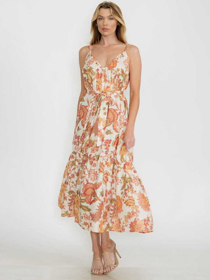 WOMEN'S SLEEVELESS V-NECK SELF TIE OPEN BACK FLORAL MAXI DRESS