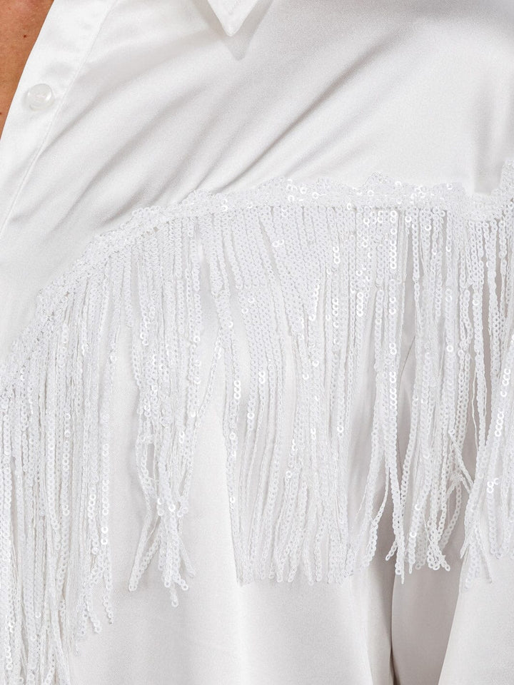 WOMEN'S LONG SLEEVE BUTTON UP FRINGE DETAILED HIGH-LOW BLOUSE