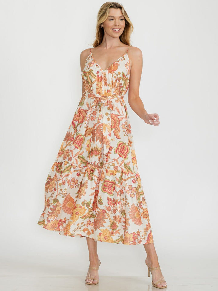 WOMEN'S SLEEVELESS V-NECK SELF TIE OPEN BACK FLORAL MAXI DRESS