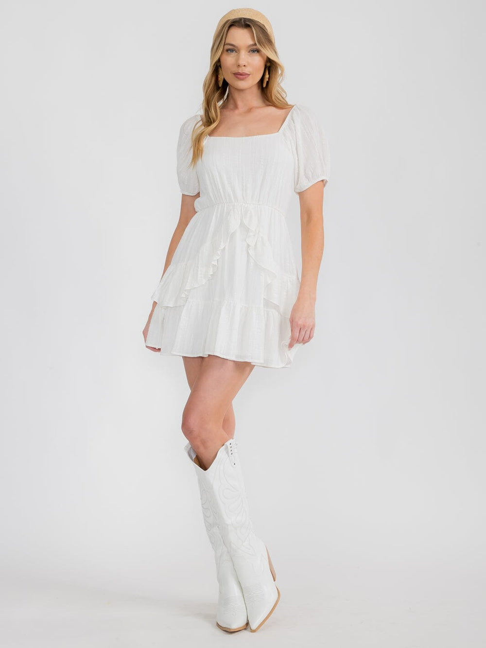 WOMEN'S SHORT PUFF SLEEVE RUFFLE DETAILED MINI DRESS