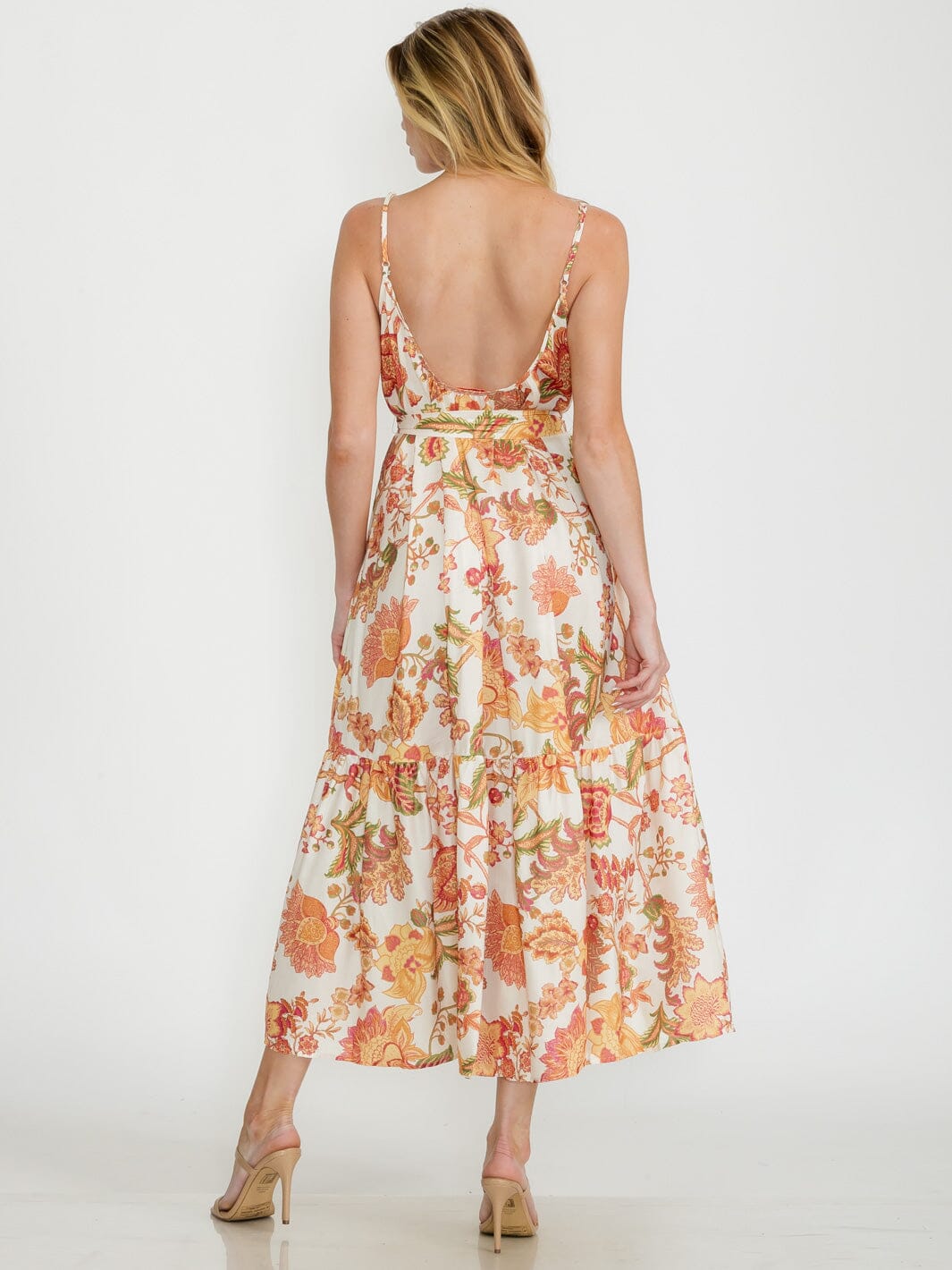 WOMEN'S SLEEVELESS V-NECK SELF TIE OPEN BACK FLORAL MAXI DRESS