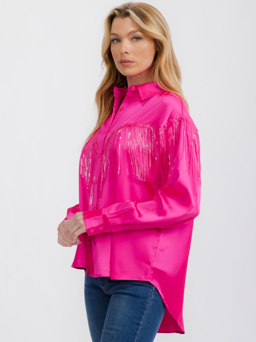 WOMEN'S LONG SLEEVE BUTTON UP FRINGE DETAILED HIGH-LOW BLOUSE