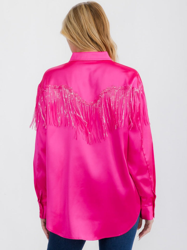 WOMEN'S LONG SLEEVE BUTTON UP FRINGE DETAILED HIGH-LOW BLOUSE