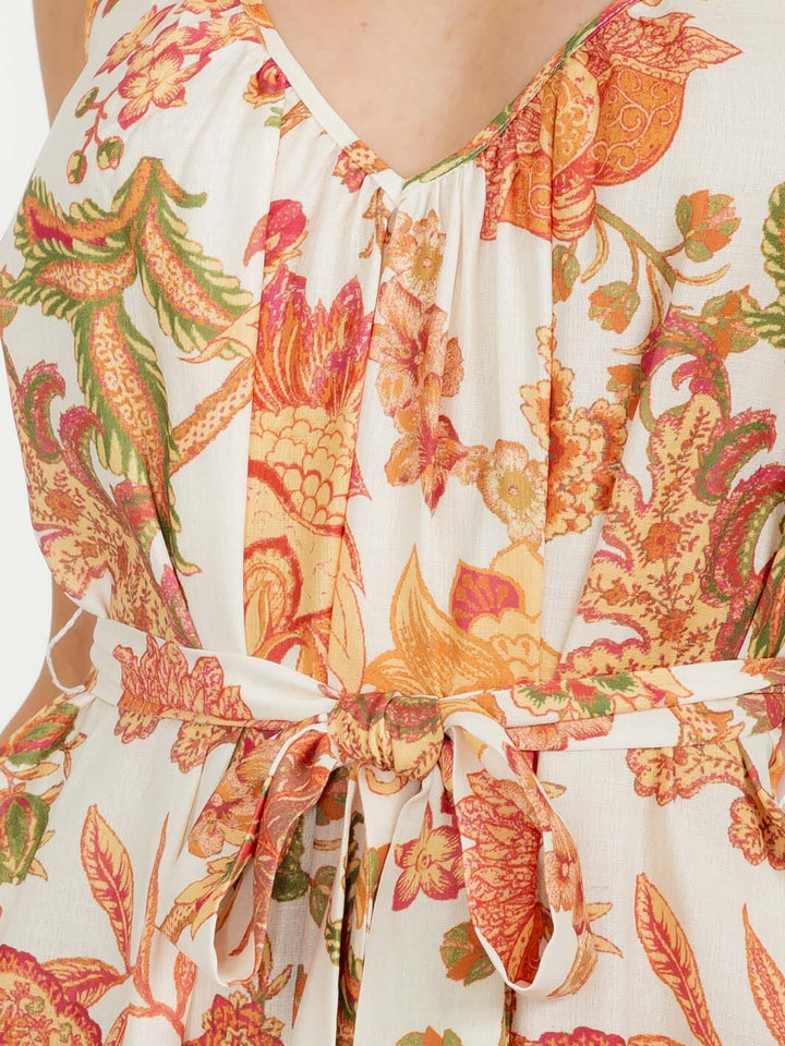 WOMEN'S SLEEVELESS V-NECK SELF TIE OPEN BACK FLORAL MAXI DRESS