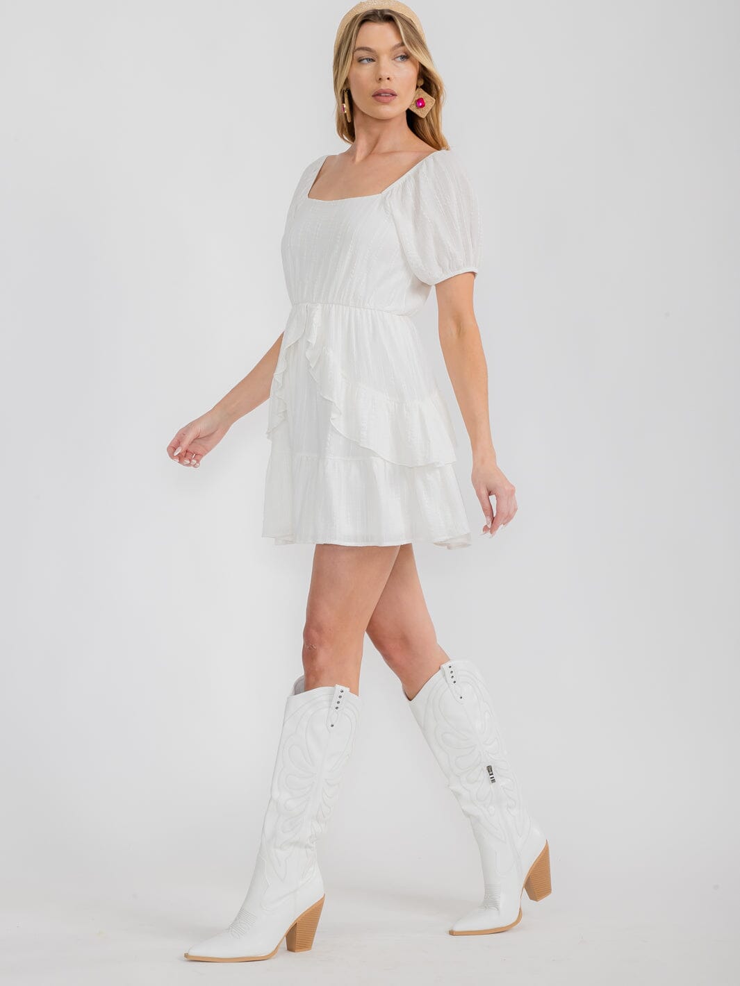 WOMEN'S SHORT PUFF SLEEVE RUFFLE DETAILED MINI DRESS