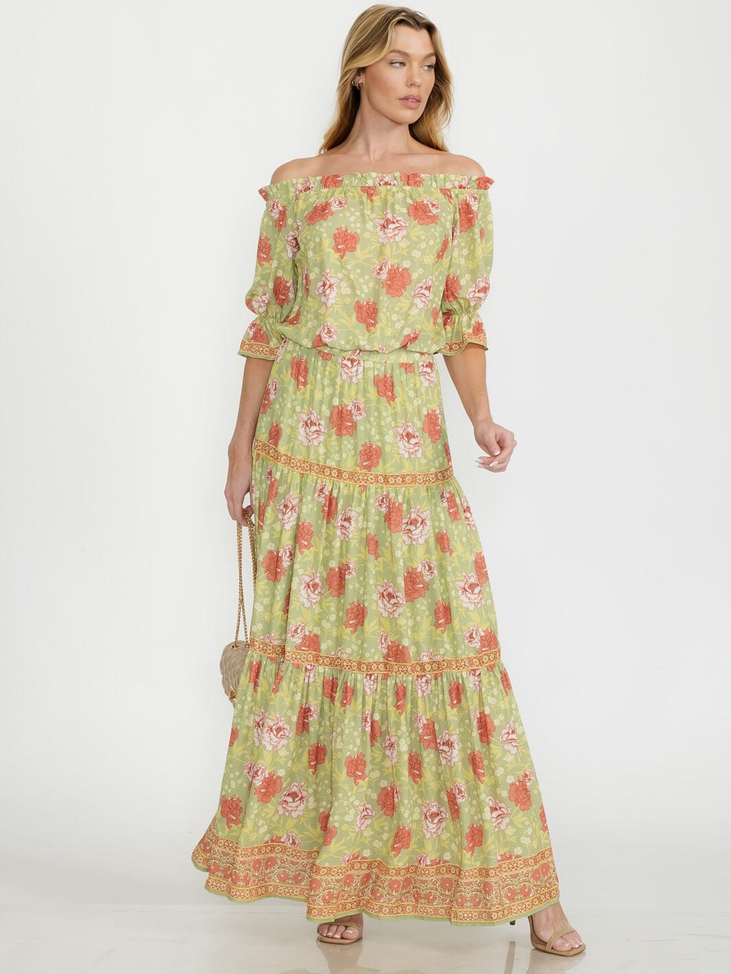 WOMEN'S SHORT SLEEVE TOP & ELASTIC WAIST MAXI SKIRT FLORAL 2PC.SET