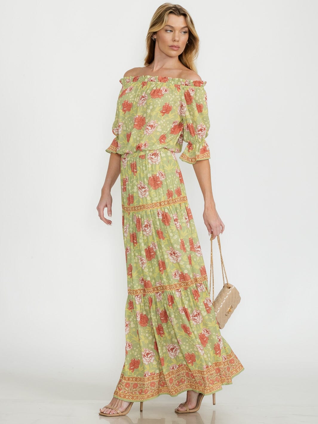 WOMEN'S SHORT SLEEVE TOP & ELASTIC WAIST MAXI SKIRT FLORAL 2PC.SET