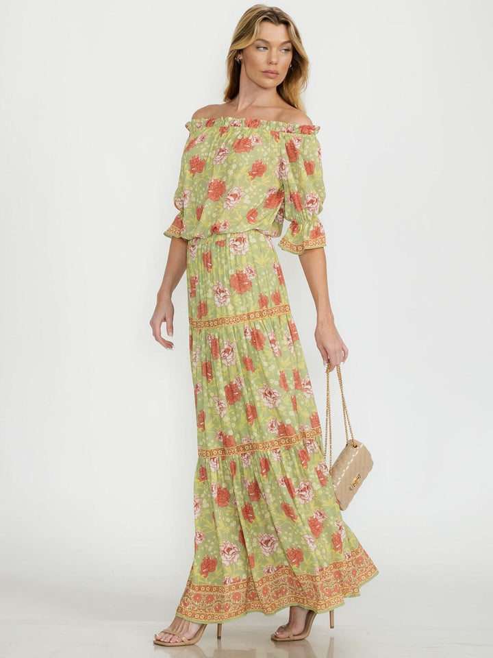 WOMEN'S SHORT SLEEVE TOP & ELASTIC WAIST MAXI SKIRT FLORAL 2PC.SET