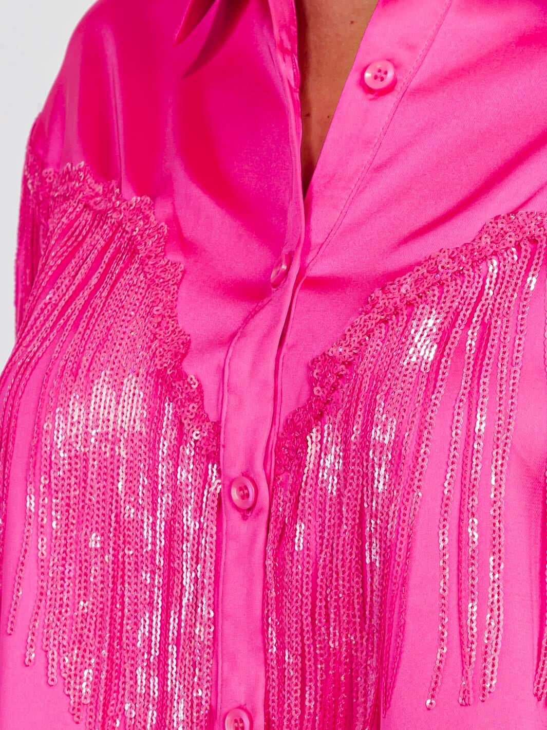 WOMEN'S LONG SLEEVE BUTTON UP FRINGE DETAILED HIGH-LOW BLOUSE