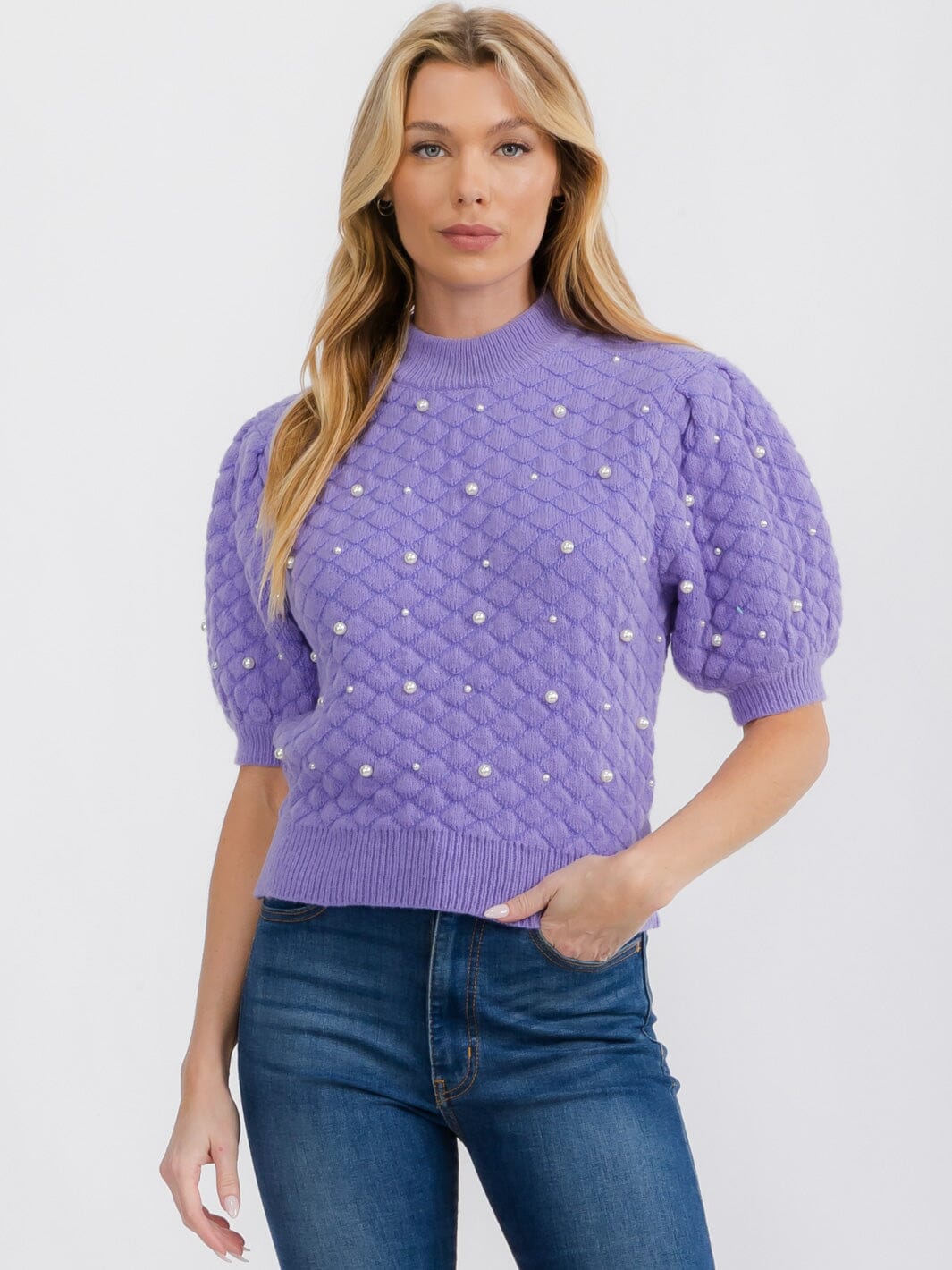 WOMEN'S SHORT PUFF SLEEVE PEARL KNIT BLOUSE