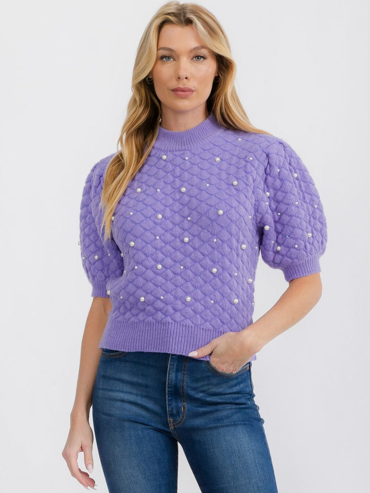 WOMEN'S SHORT PUFF SLEEVE PEARL KNIT BLOUSE