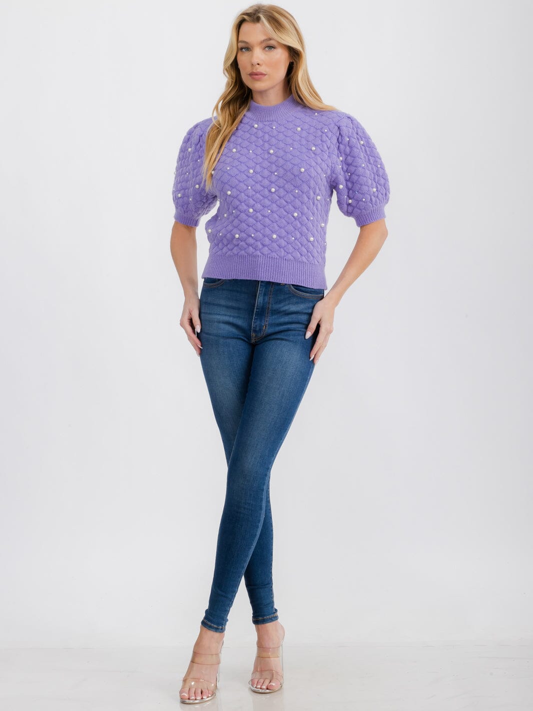WOMEN'S SHORT PUFF SLEEVE PEARL KNIT BLOUSE