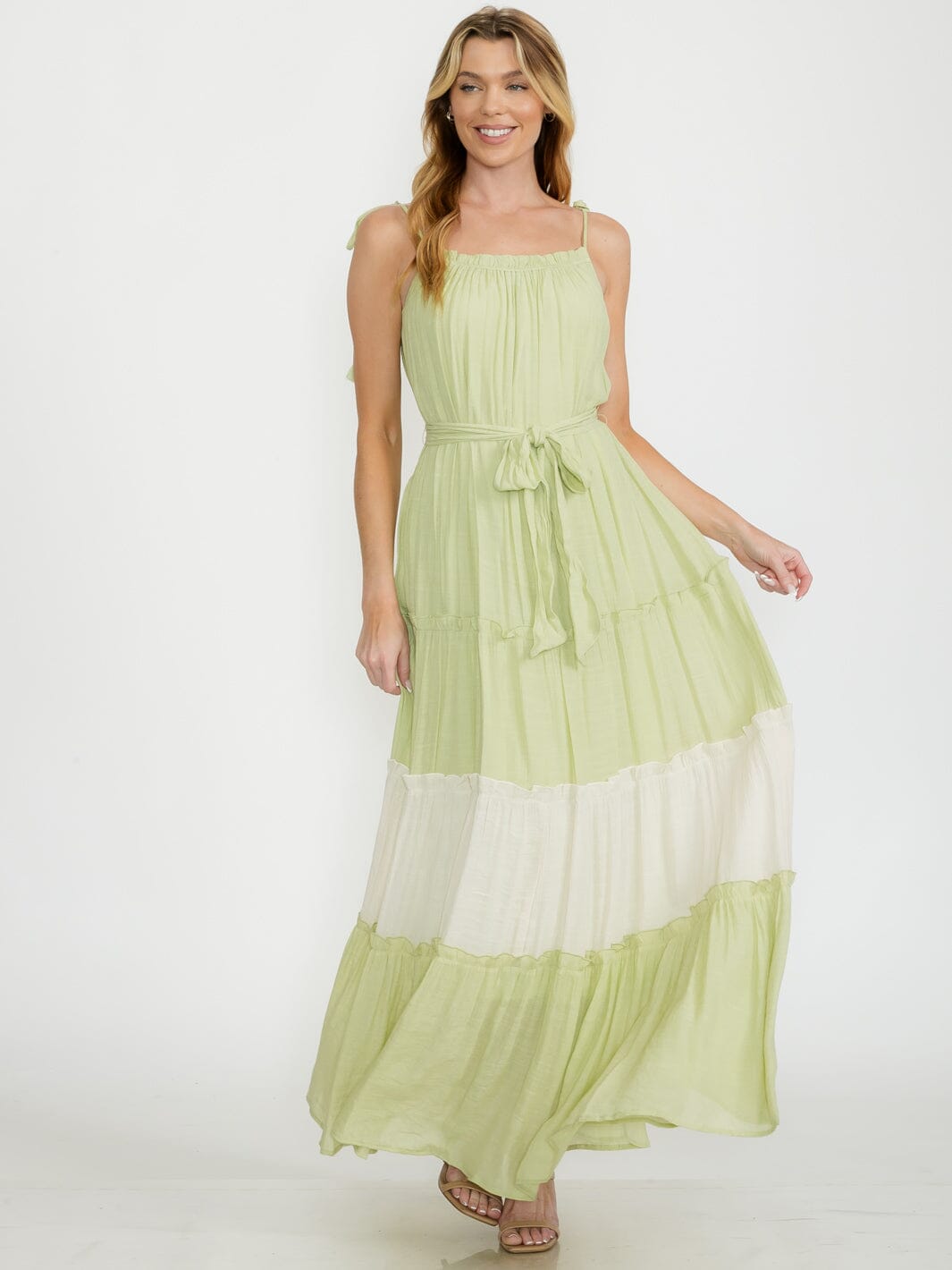 WOMEN'S SLEEVELESS TIERED SELF TIE COLORBLOCK MAXI DRESS