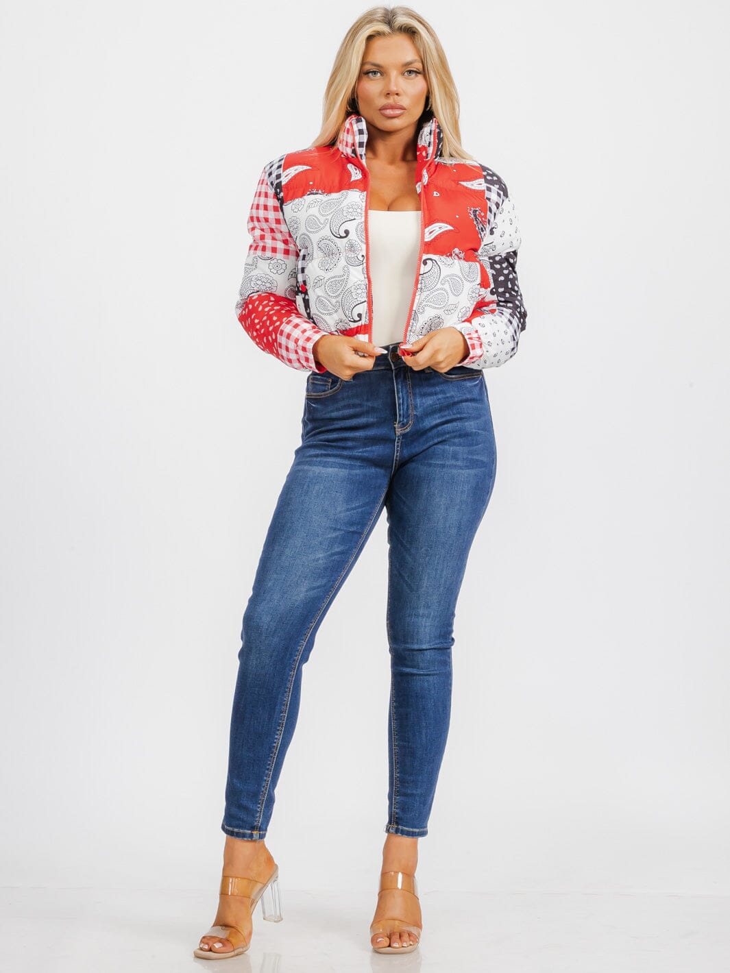 WOMEN'S LONG SLEEVE ZIP UP FRONT POCKETS PUFFER MULTI PRINT JACKET