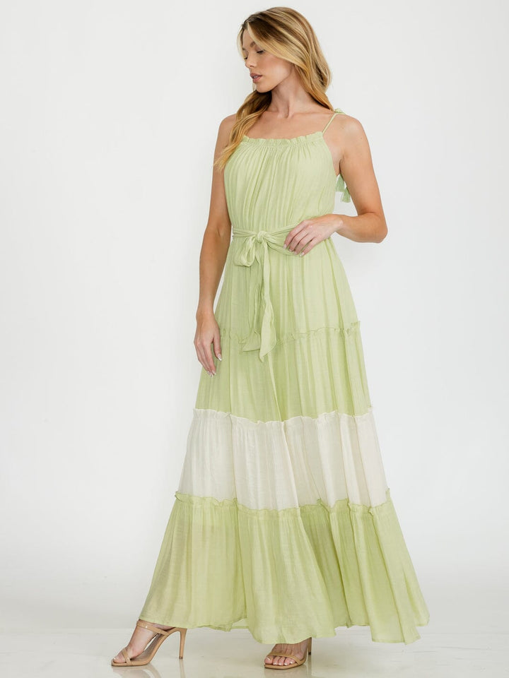 WOMEN'S SLEEVELESS TIERED SELF TIE COLORBLOCK MAXI DRESS