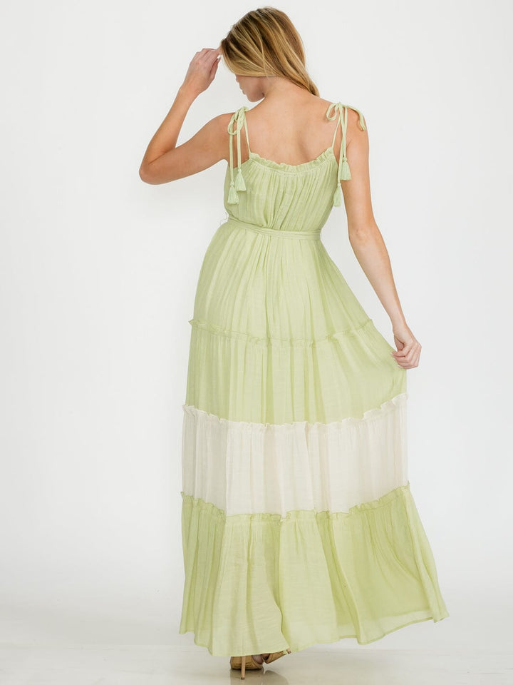 WOMEN'S SLEEVELESS TIERED SELF TIE COLORBLOCK MAXI DRESS